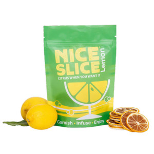 A resealable pouch of Nice Slice Dried Lemon Slices 250g shown with whole lemons and dried lemon wheels, ideal for drink garnish or infusion. A resealable pouch of Nice Slice Dried Lemon Slices 250g shown with whole lemons and dried lemon wheels, ideal for drink garnish or infusion.