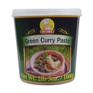 Tub of My Chef Green Curry Paste 1kg with an image of Thai green curry on the label, featuring chicken and green vegetables in a clay bowl. Tub of My Chef Green Curry Paste 1kg with an image of Thai green curry on the label, featuring chicken and green vegetables in a clay bowl.