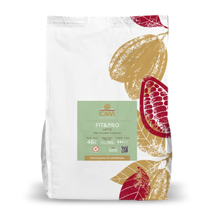 ICAM Fit and Pro Milk Chocolate 46% is a high protein milk couverture with 24% whey protein and no added sugar, ideal for professional pastry use.