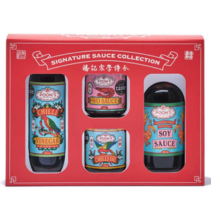 Poon’s London Signature Sauce Collection featuring chilli oil, chilli vinegar dressing, first extract soy sauce and WO Sauce. Perfect for Chinese cooking at home.