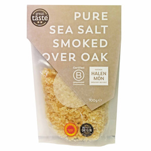 Halen Mon Pure Sea Salt Smoked over Oak 100g adds rich smoky flavour and savoury depth to meat, vegetables, desserts and more.