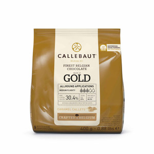 Callebaut Gold Chocolate Caramel Callets 400g. Smooth Belgian caramel chocolate with notes of toffee, butter and cream for baking and desserts.