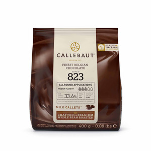 Callebaut 823 Milk Chocolate Callets 33.6% 400g. Classic Belgian milk couverture chocolate with rich cocoa and caramel notes for baking and desserts.