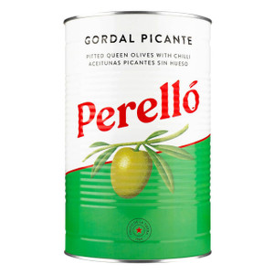 Perello Gordal Pitted Olives Picante 4.15kg. Large juicy olives with mild chilli heat. Ideal for tapas, salads and snacking. Pitted and ready to serve.