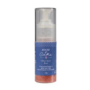 House of Cake Rose Gold Glitter Spray 10g. Edible glitter spray for cakes, cupcakes, and desserts with easy pump application and a sparkling rose gold finish.