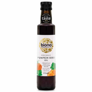 Biona Organic Pumpkin Seed Oil 250ml is a cold pressed, nutty finishing oil perfect for salads, soups, roasted vegetables and dressings.