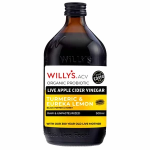 Willy’s Live Eureka Turmeric Apple Cider Vinegar 500ml blends British apple cider vinegar with turmeric, lemon, honey and black pepper.