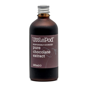 LittlePod Pure Chocolate Extract 100ml in a dark glass bottle with a silver screw cap and a brown label stating "Responsibly Sourced". LittlePod Pure Chocolate Extract 100ml in a dark glass bottle with a silver screw cap and a brown label stating "Responsibly Sourced".