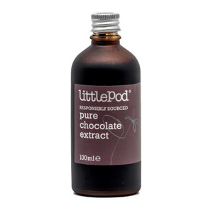 LittlePod Pure Chocolate Extract 100ml in a dark glass bottle with a silver screw cap and a brown label stating "Responsibly Sourced".