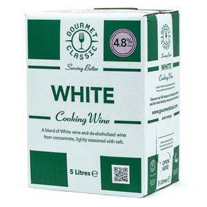 5-litre box of Gourmet Classic White Cooking Wine with 4.8% ABV, featuring green and white packaging and labelled for culinary use only. 5-litre box of Gourmet Classic White Cooking Wine with 4.8% ABV, featuring green and white packaging and labelled for culinary use only.
