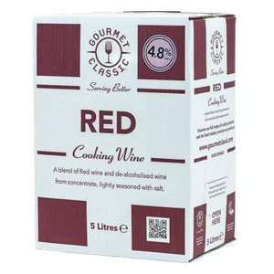 5-litre box of Gourmet Classic Red Cooking Wine with 4.8% ABV, featuring red and white packaging, designed specifically for use in cooking. 5-litre box of Gourmet Classic Red Cooking Wine with 4.8% ABV, featuring red and white packaging, designed specifically for use in cooking.