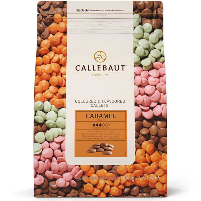 Bag of Callebaut Caramel Flavoured Callets 2.5kg featuring coloured and flavoured chocolate drops in resealable packaging.