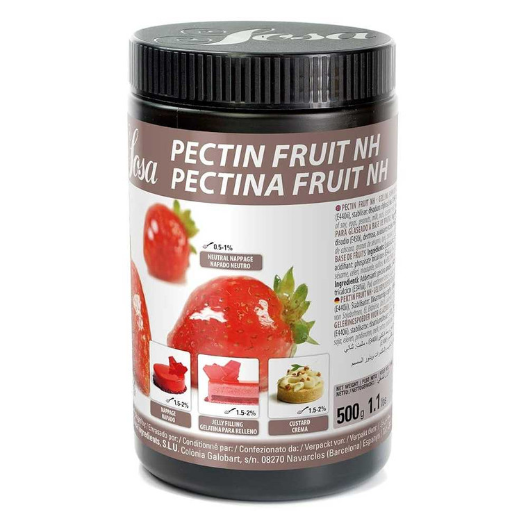 A 500g tub of Sosa Fruit Pectin NH, showing images of strawberries and suggested uses including jelly filling, nappage glaze, and custard cream.