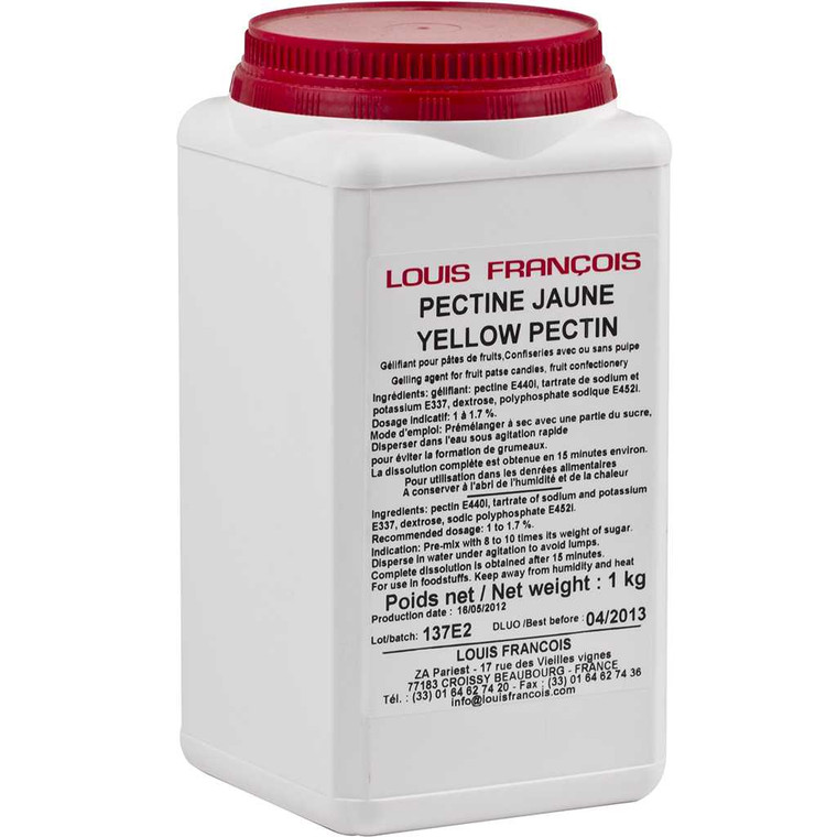 White rectangular container with a red screw-on lid labelled "Louis Francois Yellow Pectin 1kg" featuring black and red text in French and English.