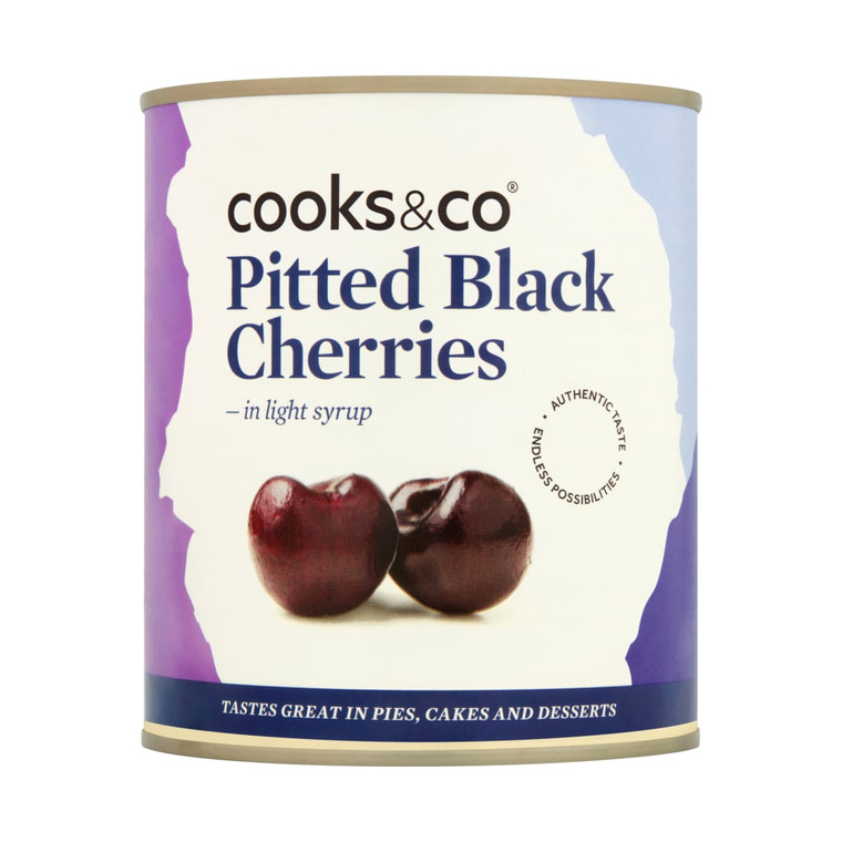 Cooks&Co Pitted Black Cherries in Syrup 850g. Sweet, juicy cherries in rich syrup, perfect for baking, desserts, and cocktails. Ready to use and convenient.