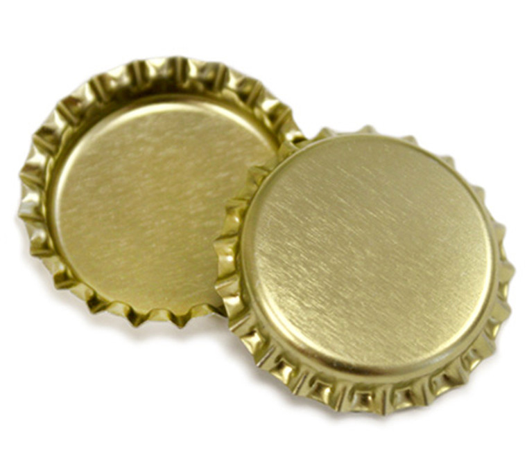 Pack of 100 Gold Metal Bottle Caps 26mm to fit standard glass bottles. Durable, leak proof stainless steel caps.
