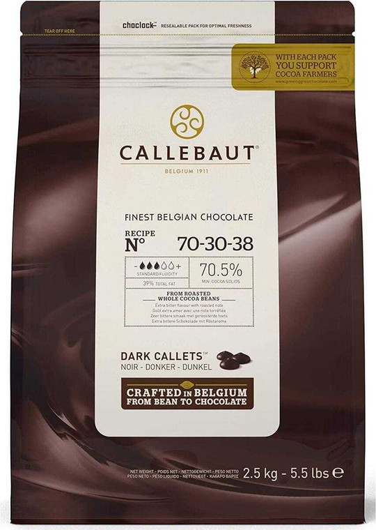 Bag of Callebaut 70-30-38 Dark Callets 70.5% 2.5kg Belgian chocolate ideal for baking, ganache, truffles and homemade desserts.