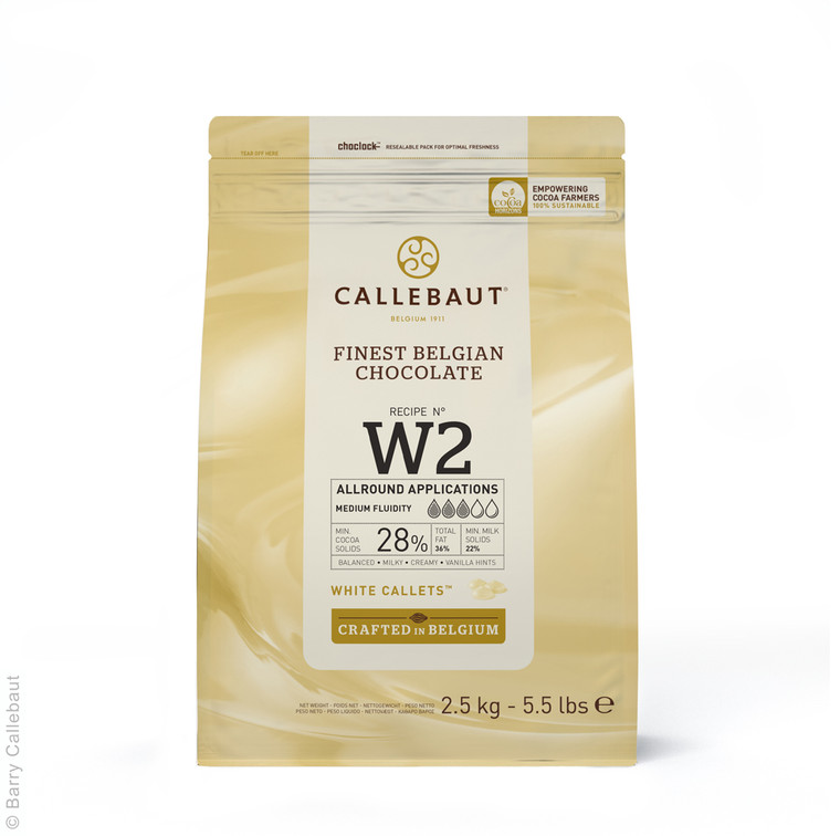 Callebaut W2 White Chocolate Callets 28% 1kg with a creamy balanced flavour, perfect for baking, desserts, drinks and confectionery recipes.