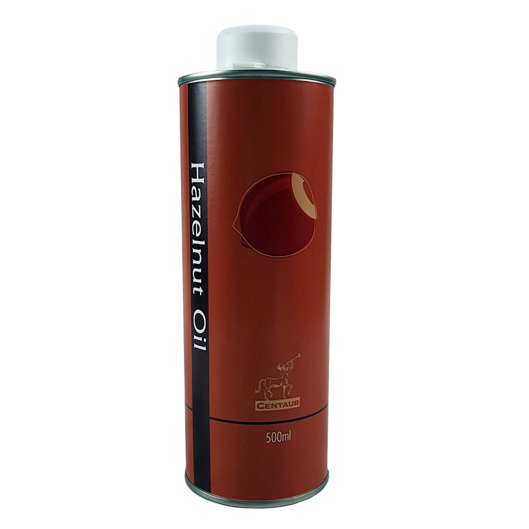 Centaur Hazelnut Oil 500ml tin with white cap and brown label featuring a hazelnut illustration and product branding.