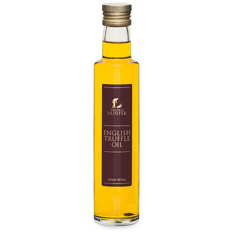 Bottle of Truffle Hunter English Truffle Oil 250ml with gold screw cap and brown label featuring product name and brand logo.