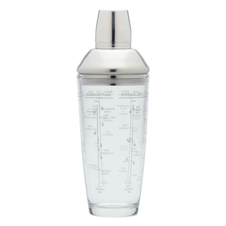 BarCraft Boston Glass Cocktail Shaker 700ml with stainless steel tin. Durable glass shaker with cocktail recipes and measures printed on the side. BarCraft Boston Glass Cocktail Shaker 700ml with stainless steel tin. Durable glass shaker with cocktail recipes and measures printed on the side.