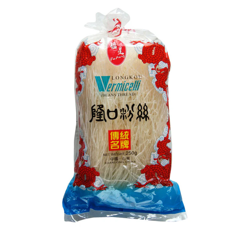 Longkou Bean Thread Vermicelli Noodles 250g made from mung bean starch. Light, translucent noodles perfect for stir fries, soups, hot pots and spring rolls.