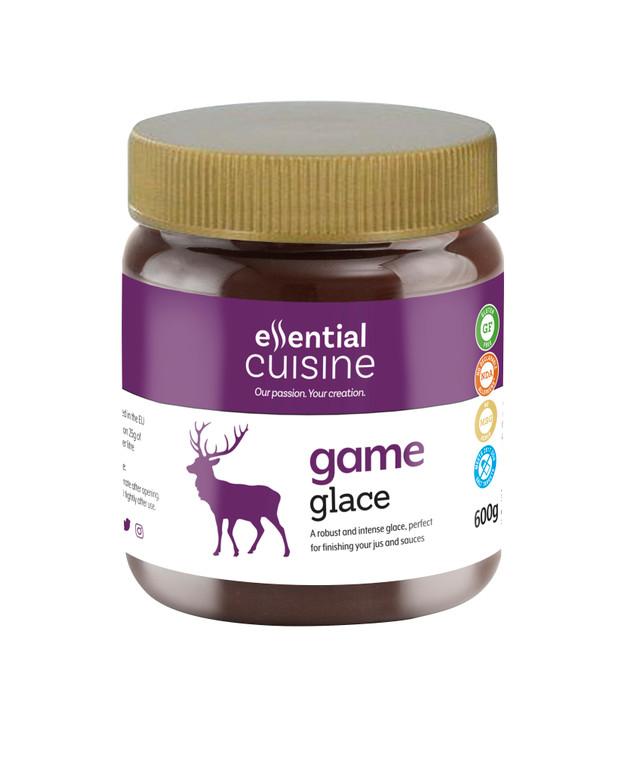 Essential Cuisine Game Glace 600g. A concentrated reduction with robust game flavour, perfect for sauces, casseroles, terrines and pairing with seasonal fruits.
