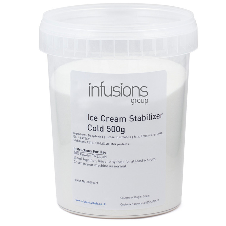 A 500g tub of Procrema 100 Cold ice cream stabiliser powder from Infusions, used to improve texture and consistency in cold-mixed ice cream recipes.