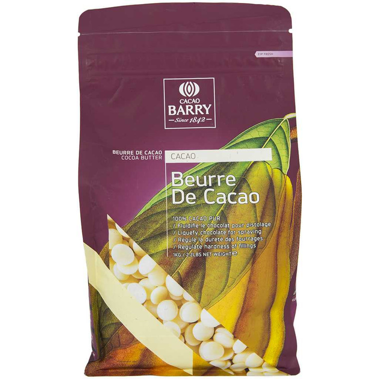 Front view of a 1 kg resealable pouch of Callebaut Easy Melt Cocoa Butter Callets. The packaging highlights “Easy Melt” cocoa butter drops made in Belgium, ideal for smooth meltability and versatile use in baking, chocolate tempering, and confectionery applications.