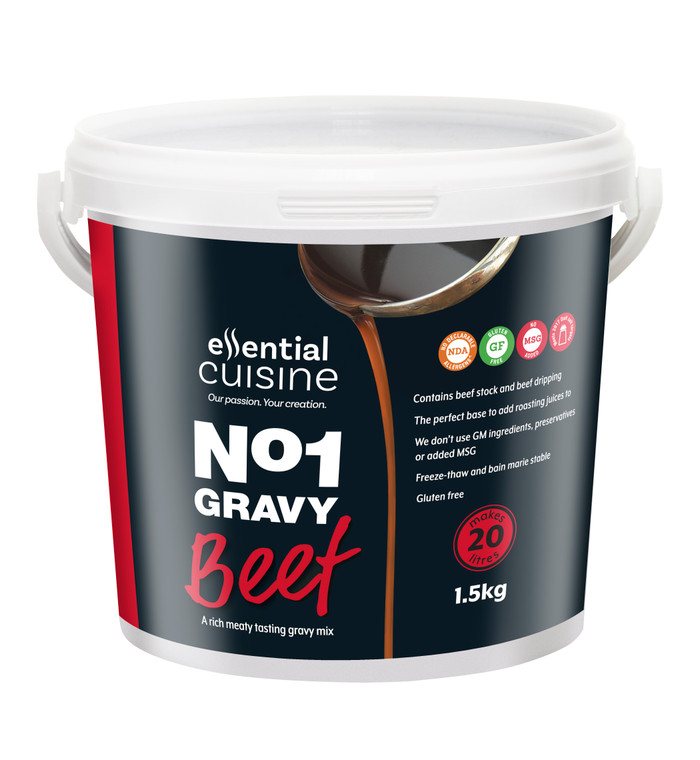 Essential Cuisine No1 Beef Gravy Mix 1.5kg with real beef stock and dripping. Makes 20 litres of rich, versatile gravy for roasts, sausages and pies.