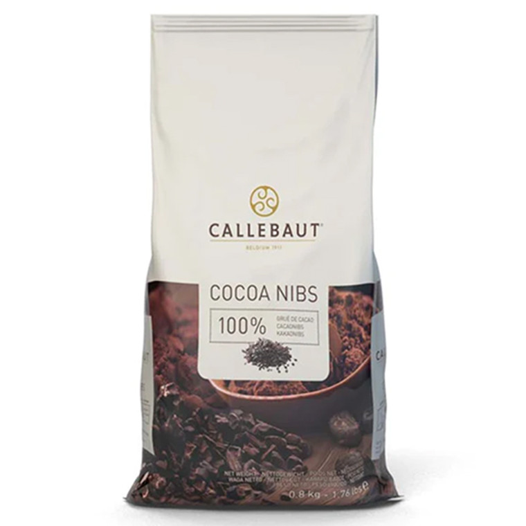 Front of Callebaut Cocoa Nibs 800g bag showing product branding and “100% cocoa” label. Image highlights nib texture and premium Belgian packaging.