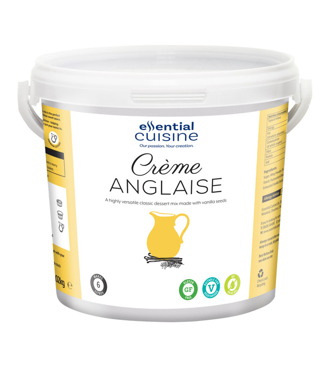Essential Cuisine Crème Anglaise 1.02kg. A premium vanilla custard mix for desserts including crème brûlée, mousses, fools, bavarois, and ice cream.