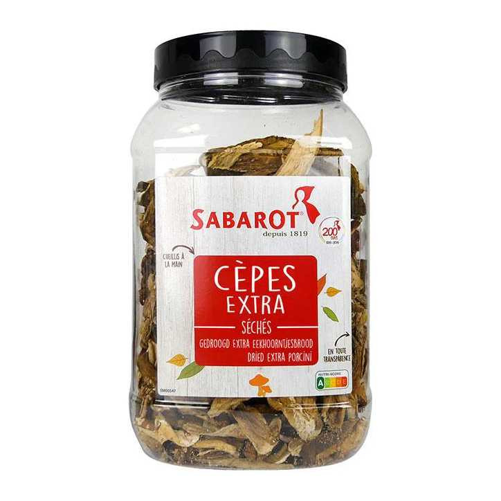 Sabarot Dried Porcini Mushrooms 500g jar with black lid and red label featuring the brand name and product details.