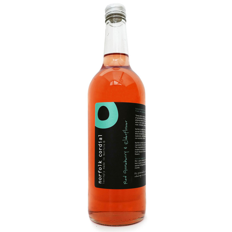 Norfolk Cordial Red Gooseberry & Elderflower 750ml. A handcrafted fruit cordial with tart gooseberries and floral elderflower, perfect for drinks and desserts.