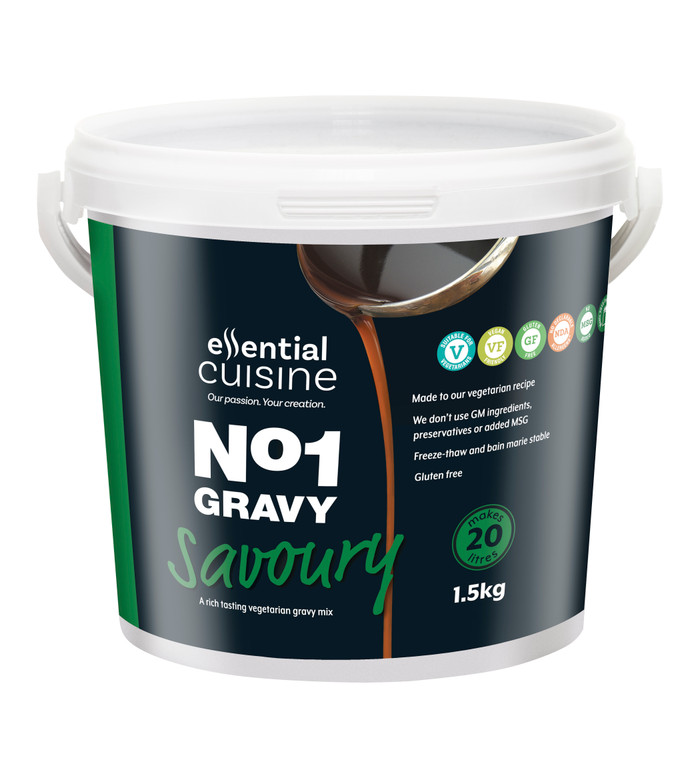 Essential Cuisine No1 Savoury Gravy Mix 1.5kg. Premium gravy suitable for vegans, vegetarians, and coeliacs. Yields 20 litres, freeze-thaw and bain-marie stable.