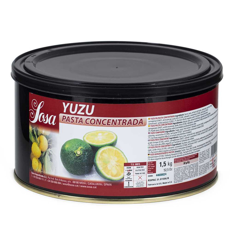 Tub of Sosa Concentrated Yuzu Paste 1.5kg with product label showing sliced yuzu fruit and ingredient details.