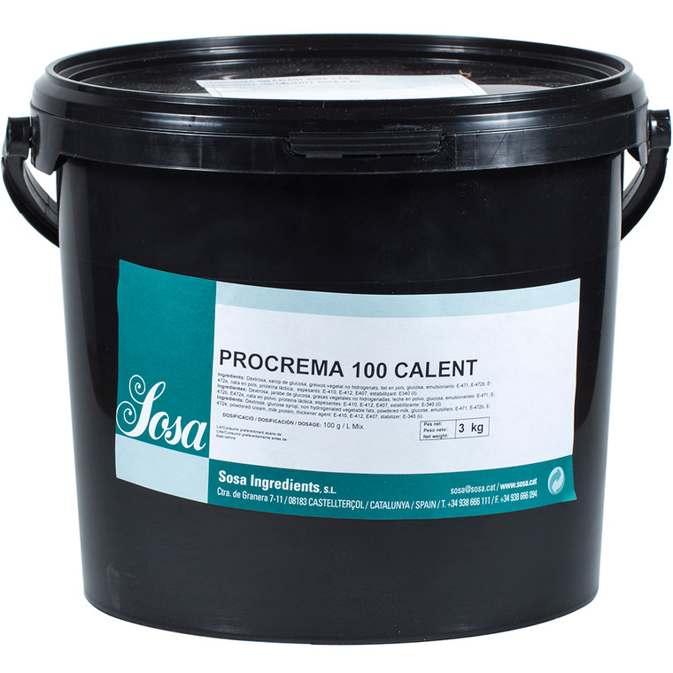 Black 3kg tub of Sosa Procrema 100 Hot ice cream stabiliser with teal and white label, designed for use in hot or cold ice cream bases.
