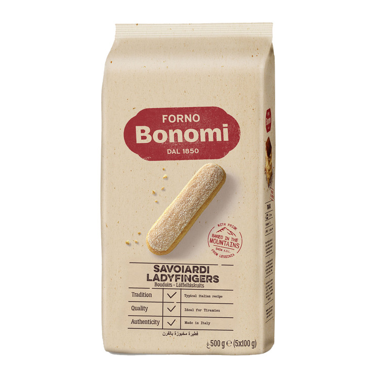 Buy Forno Bonomi Savoiardi Lady Fingers 500g. Authentic Italian sponge fingers, perfect for tiramisu, trifles, charlottes, or enjoying with coffee.