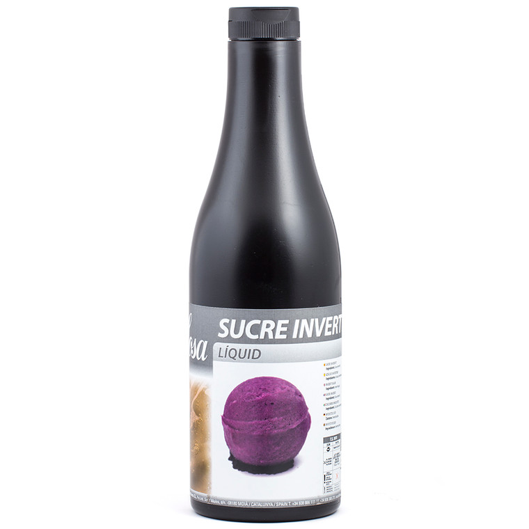 Bottle of Sosa Inverted Sugar 1.4kg with a black cap and a label featuring a purple dessert, used to retain moisture and improve texture in baking and frozen desserts.