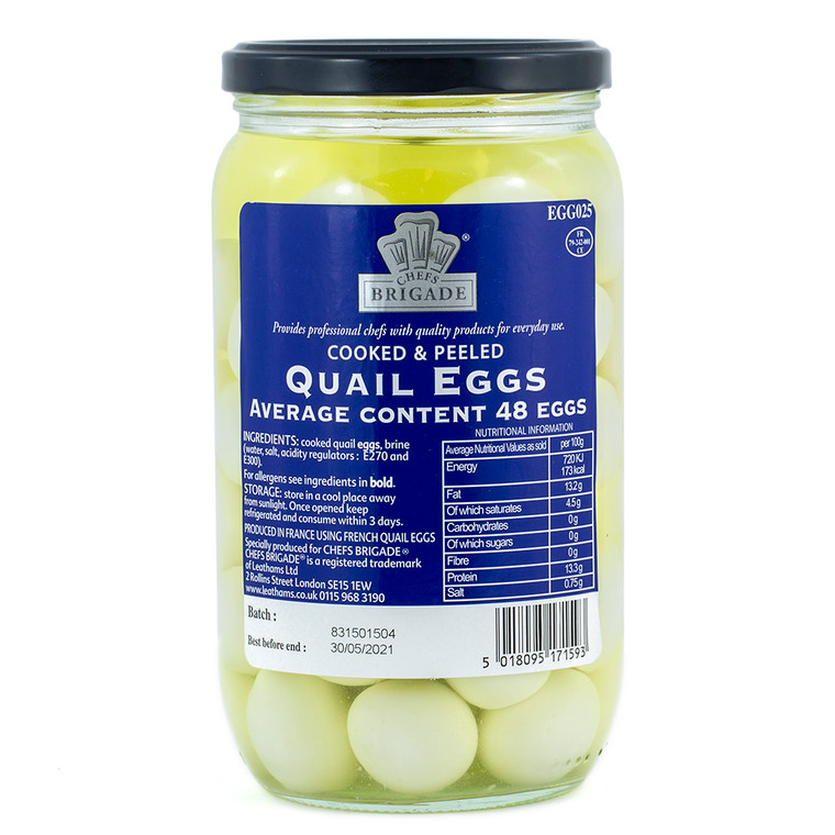 Buy Chefs Brigade Cooked and Peeled Quail Eggs. Ready-to-use eggs with a mild flavour and soft texture. Perfect for appetisers, canapés, salads, and garnishes.