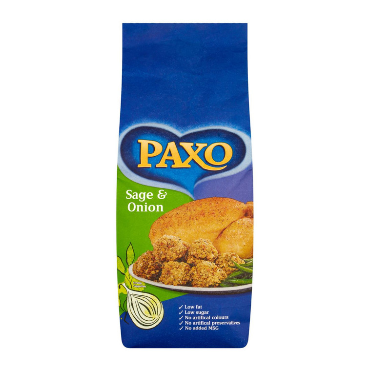 Shop Paxo Sage and Onion Stuffing Mix 2.5kg. Classic British stuffing, quick to prepare and full of herby flavour. Ideal for roasts and catering. Shop Paxo Sage and Onion Stuffing Mix 2.5kg. Classic British stuffing, quick to prepare and full of herby flavour. Ideal for roasts and catering.
