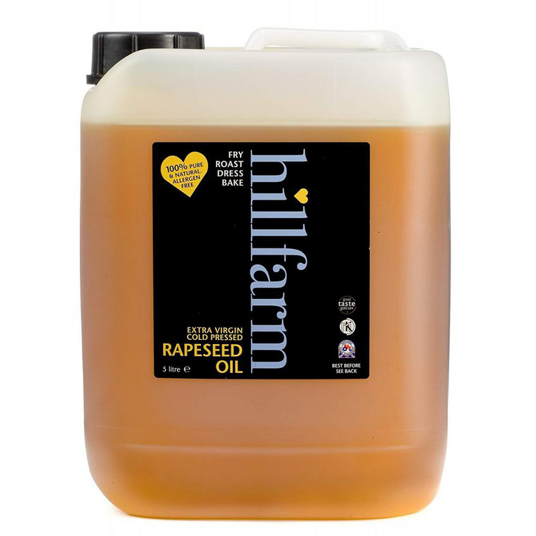 Hillfarm Extra Virgin Cold Pressed Rapeseed Oil 5L. Pure British oil with a nutty flavour, high smoke point and 57% less saturated fat than olive oil. Hillfarm Extra Virgin Cold Pressed Rapeseed Oil 5L. Pure British oil with a nutty flavour, high smoke point and 57% less saturated fat than olive oil.