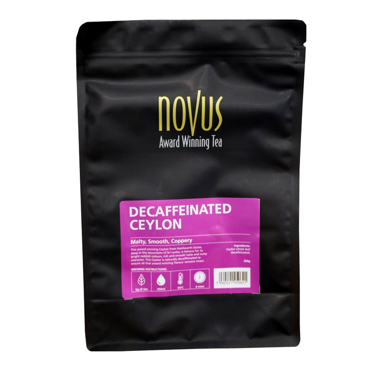 Novus Decaffeinated Ceylon Tea x 25 Pyramid. Premium Ceylon black tea with full flavour and minimal caffeine. Smooth, balanced and perfect any time of day.