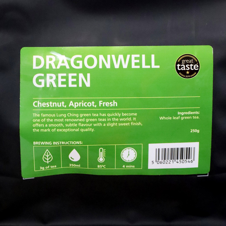 Novus Dragonwell Green Tea x 50 Foil Sachets. Premium Chinese Longjing tea with smooth, mellow flavour and chestnut notes. Individually wrapped for freshness.
