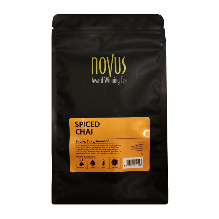 Novus Spiced Chai Tea x 25 Pyramid. Bold black tea blended with cinnamon, cloves and cardamom. Rich, warming and aromatic in premium pyramid bags.