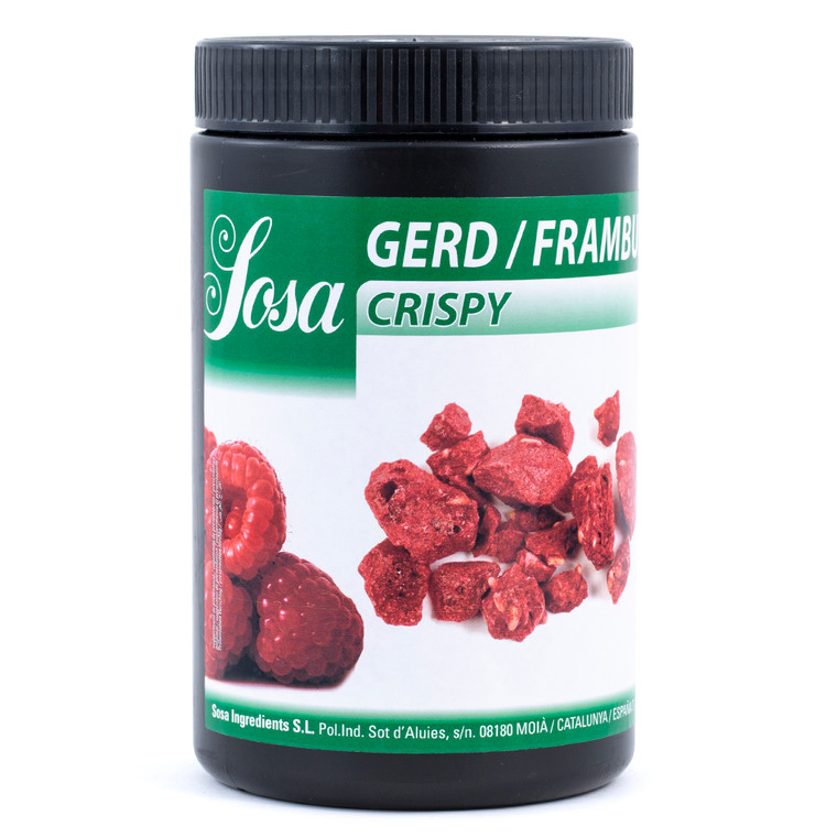 Sosa Freeze Dried Raspberry Crispy 300g tub with image of raspberry pieces on white label
