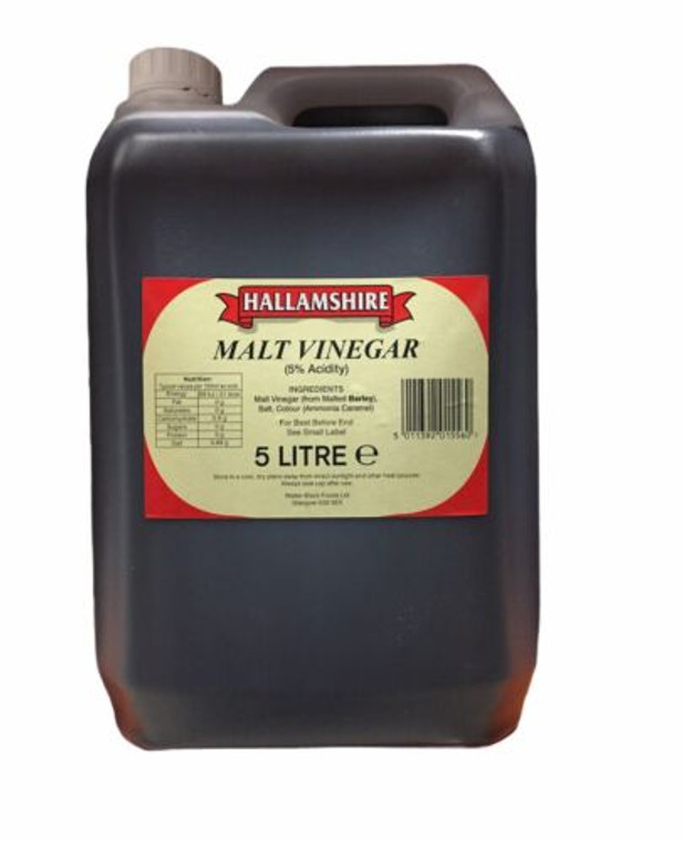 Hallamshire Malt Vinegar 5L. Traditional tangy malt vinegar for cooking, seasoning and pickling. Ideal for fish and chips, marinades and everyday kitchen use.