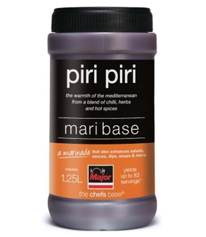 Major Piri Piri Mari Base 1.25L. Spicy marinade with chilli, garlic and citrus. Ideal for piri piri chicken, seafood and roasted vegetables. Suitable for grilling and batch cooking.