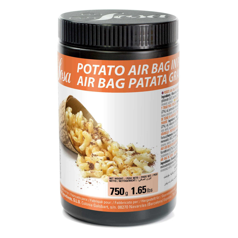 Black tub of Sosa Potato Air Bag Grain 750g with orange label, showing crispy puffed potato granules spilling from a wooden scoop on the front.