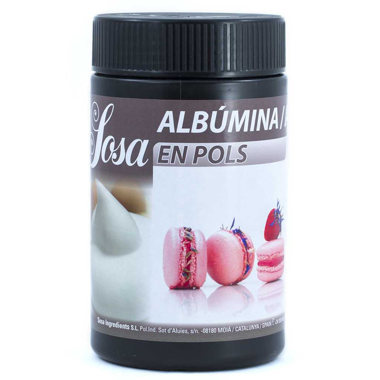 Black tub of Sosa Albuwhip Powdered Egg White 500g with label showing piped meringue, pink macarons and strawberries on a white background.